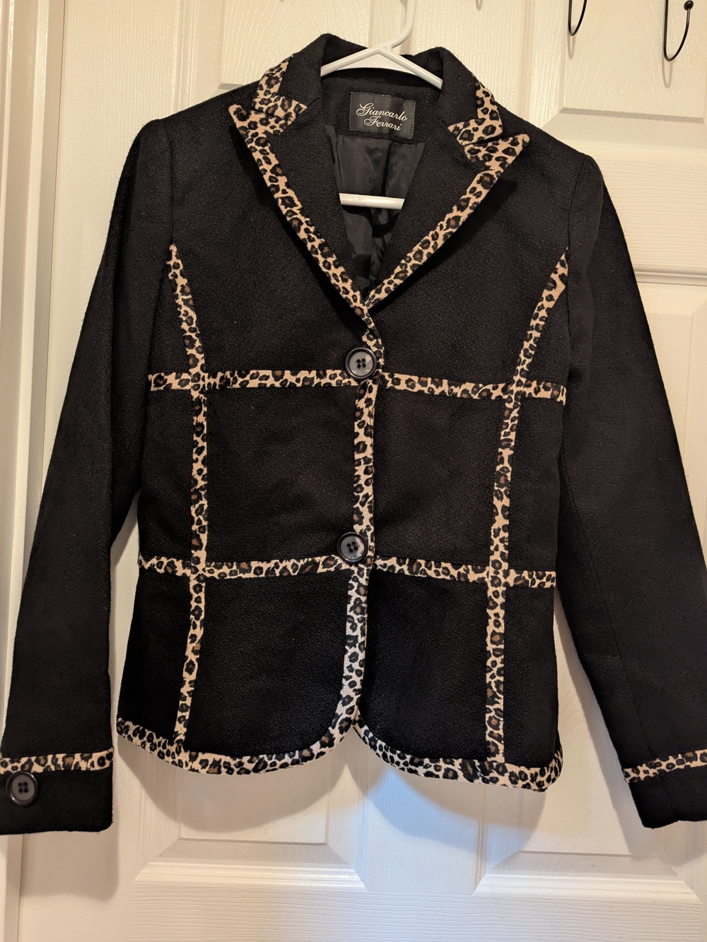 Signature Accents Black Blazer with Leopard-Print Trim